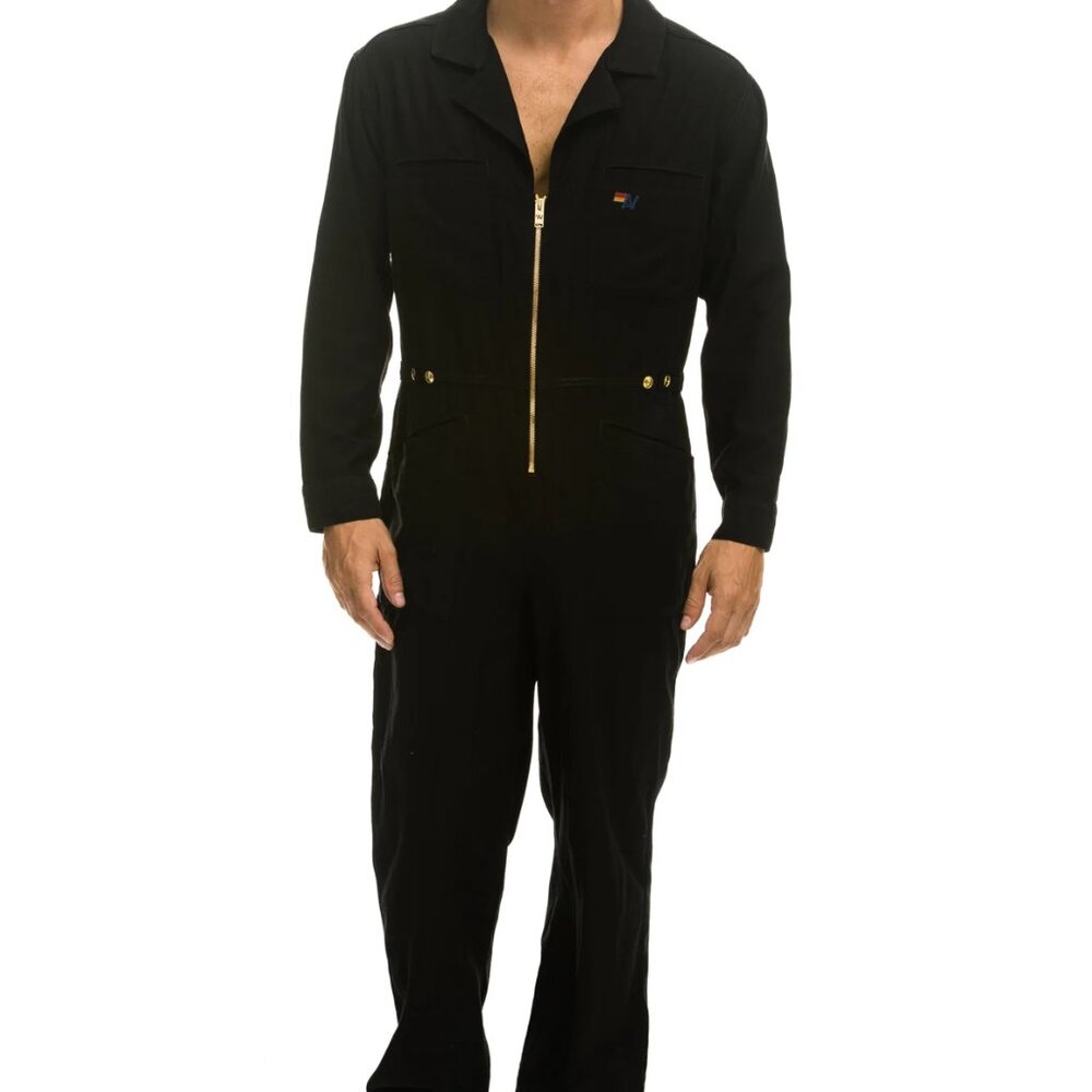 Aviation Black Utility Zip-Front Jumpsuit Gold Hardware XS - Picture 6 of 8